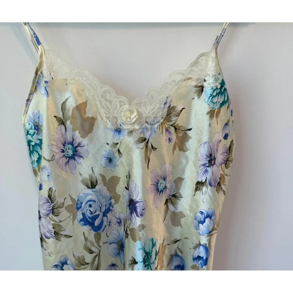 Floral Satin Nightgown Lingerie Lace Trim Romantic Cottagecore Slip Dress‎ Sz S